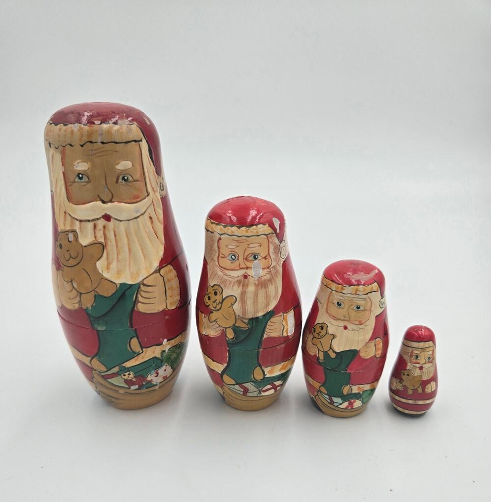 Vtg Russian Santa Claus Nesting Dolls 4 of 5 Christmas Hand-Painted Wooden Set